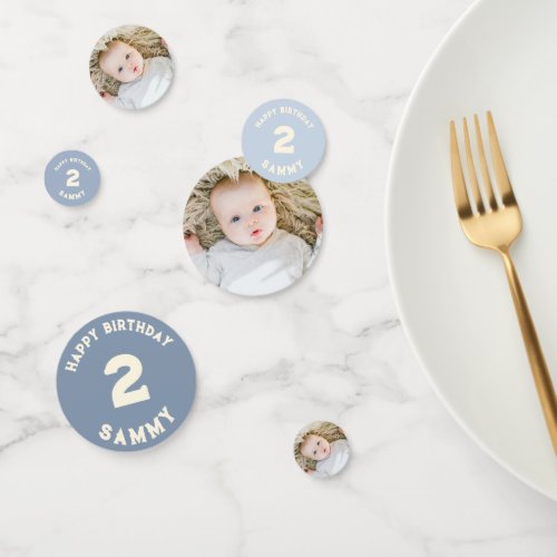 custom blue baby boy photo 2nd birthday  confetti