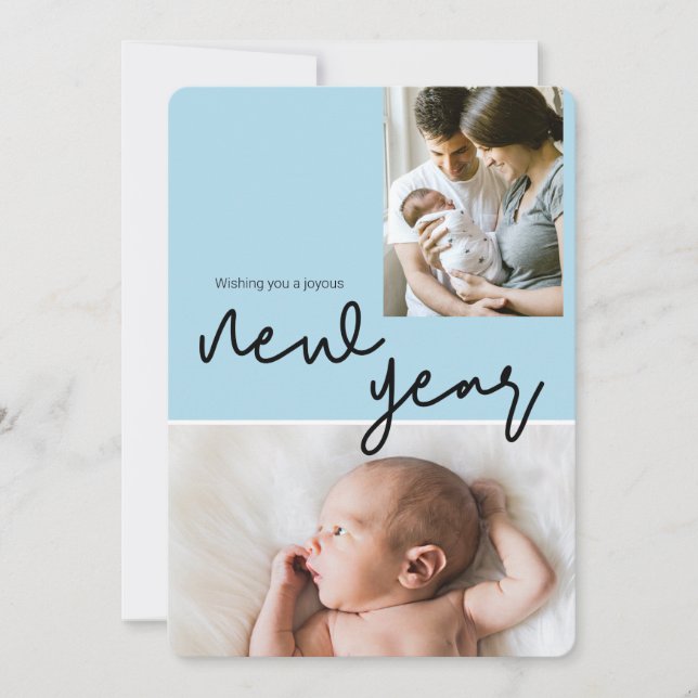 Custom Blue Baby Photo Happy New Year Holiday Card (Front)