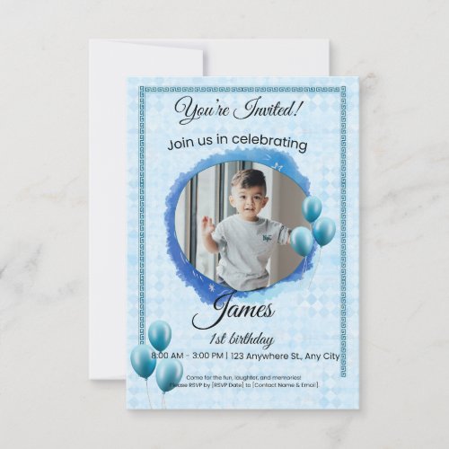 Custom Blue Balloon Photo Birthday Invitation