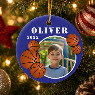 Custom Blue Basketball Ball Sports Photo Ceramic Ornament