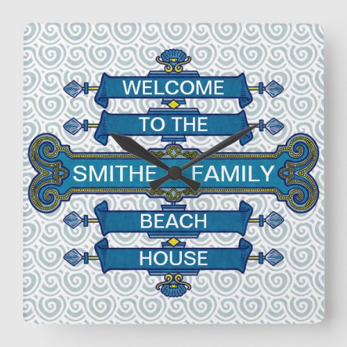 Custom Blue Beach House Sign with Scallop Swirls Square Wall Clock