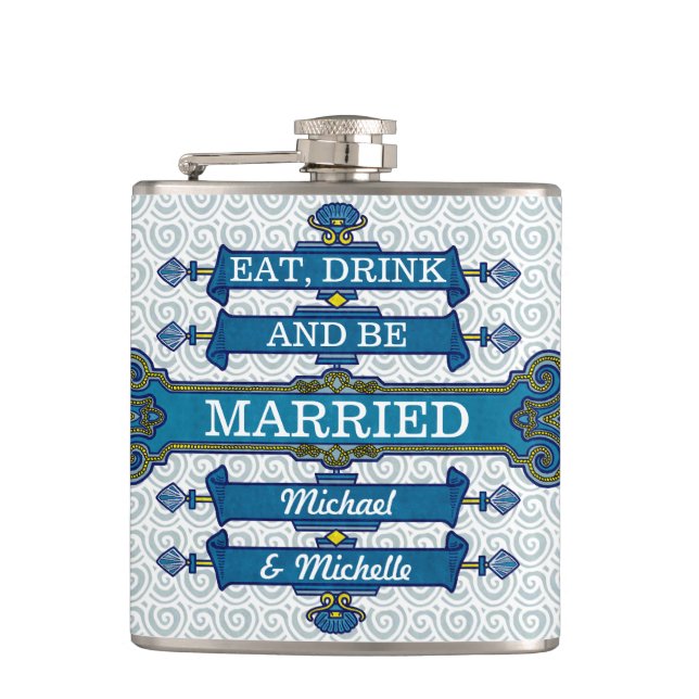 Custom Blue Beach Wedding Name Flask (Front)