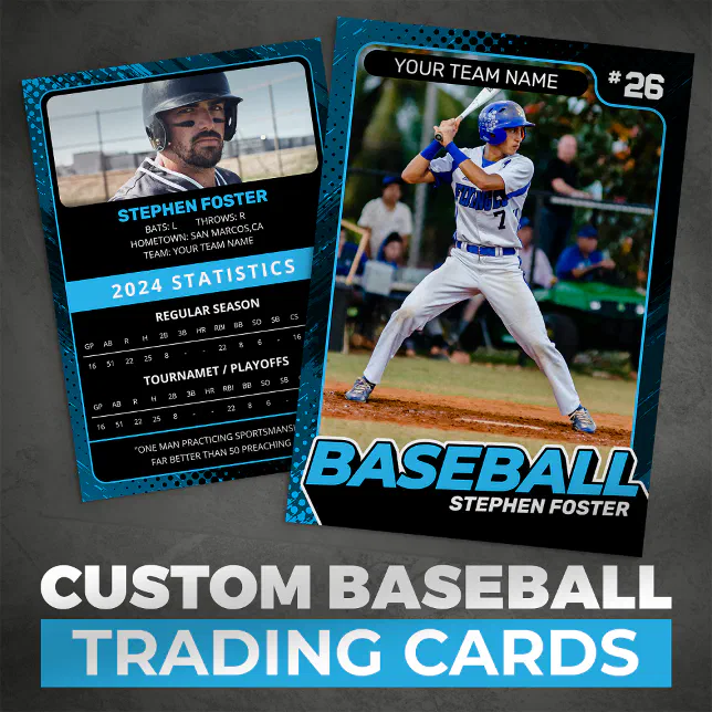 Custom Blue Black Pro Baseball Trading Card Stats | Zazzle