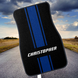 Custom Blue Black Racing Stripes Monogrammed Auto Car Floor Mat