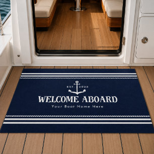 Custom Blue Boat Name Nautical Welcome Aboard Doormat