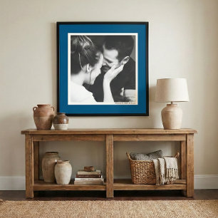 Custom Blue Border Minimalist Couple Photo Wedding Framed Art