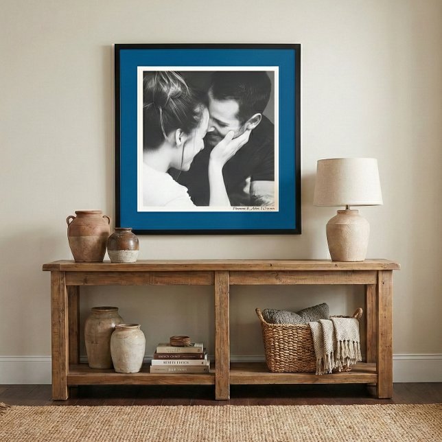 Custom Blue Border Minimalist Couple Photo Wedding Framed Art (Creator Uploaded)