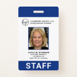 Custom Blue Business Logo Employee Photo ID Badge<br><div class="desc">Corporate photo ID badge in a vertical layout. This simple yet professional design features a blue border on the top and bottom with white in the middle. The template is personalized with your logo, company name, employee name, title, department / location and employee ID. The bottom border has "STAFF" in...</div>