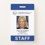 Custom Blue Business Logo Employee Photo ID Badge<br><div class="desc">Corporate photo ID badge in a vertical layout. This simple yet professional design features a blue border on the top and bottom with white in the middle. The template is personalized with your logo, company name, employee name, title, department / location and employee ID. The bottom border has "STAFF" in...</div>