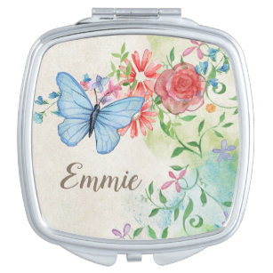 Custom Blue Butterfly Pink Flowers Vintage Compact Mirror