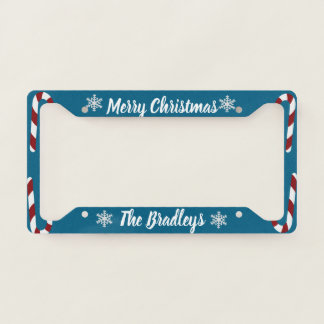 Custom Blue Candy Cane Snow Flake Merry Christmas License Plate Frame