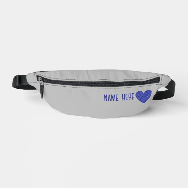 Custom Blue Checkered Pattern Heart Name Grey Fanny Pack (Front)