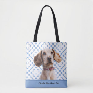 Custom Blue Checkered Your Dog's Photo/Name/Font  Tote Bag