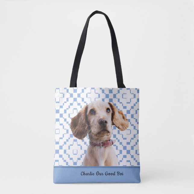 Custom Blue Checkered Your Dog's Photo/Name/Font  Tote Bag (Front)