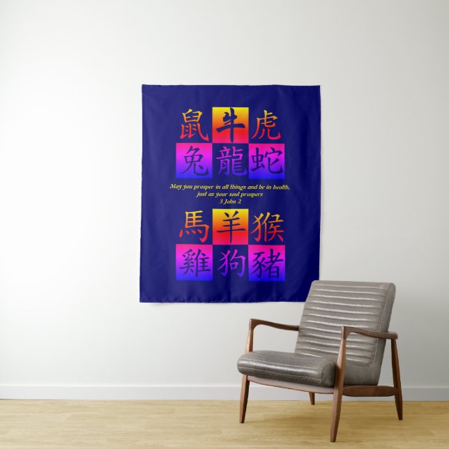 Custom Blue Chinese Zodiac Tapestry (In Situ)