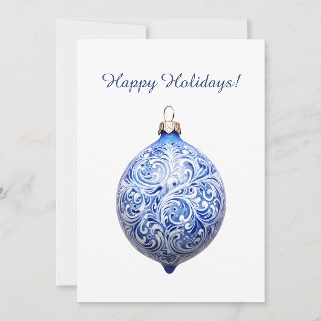 Custom Blue Christmas Ornament Holiday Note Card (Front)