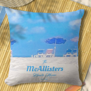 Custom Blue Coastal Beach House Outdoor Pillow