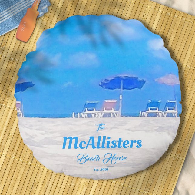Custom Blue Coastal Beach House Round Pillow (Creator Uploaded)