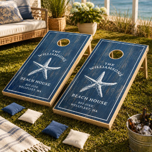 Custom Blue Coastal Starfish Beach House Cornhole Set