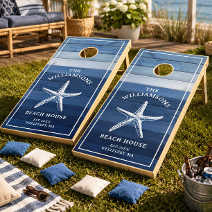 Custom Blue Coastal Starfish Beach House Cornhole Set