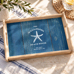 Custom Blue Coastal Starfish Beach House Serving Tray