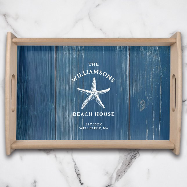 Custom Blue Coastal Starfish Beach House Serving Tray (Wooden serving tray with a blue, distressed finish and A white starfish graphic)