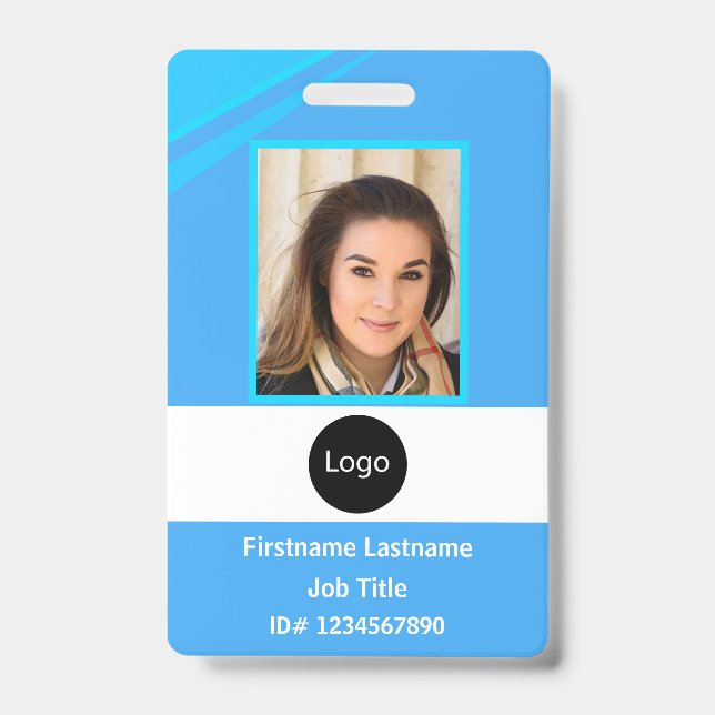 custom blue company employee Photo, Logo, Bar Code Badge (Front)