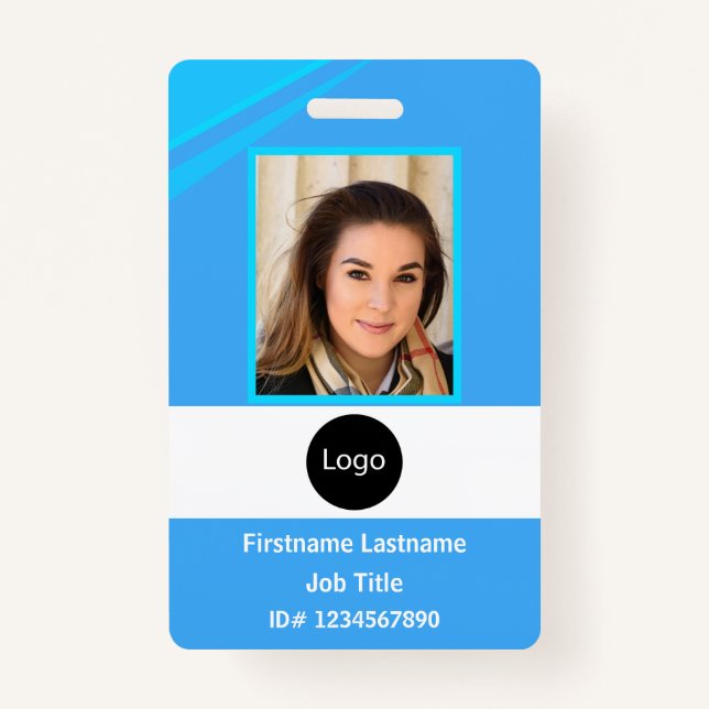 custom blue company employee Photo, Logo, Bar Code Badge (Front)