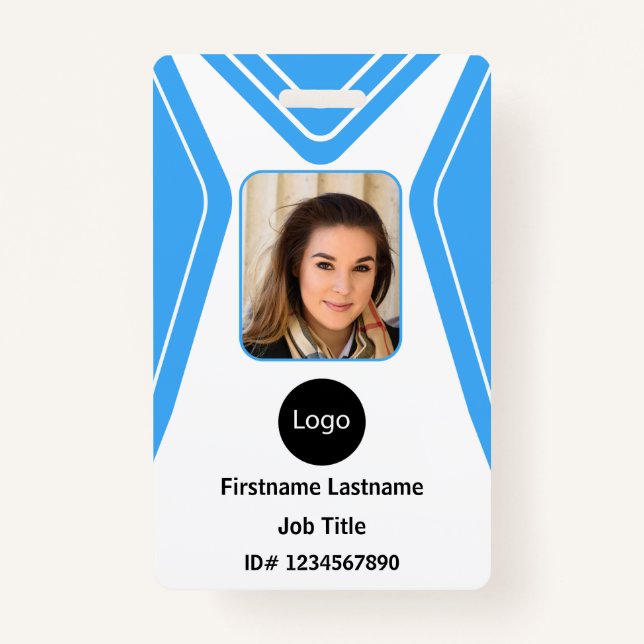 custom blue company employee Photo, Logo, Bar Code Badge (Front)