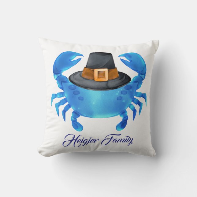 Custom Blue Crab Coastal Thanksgiving  Throw Pillow (Front)
