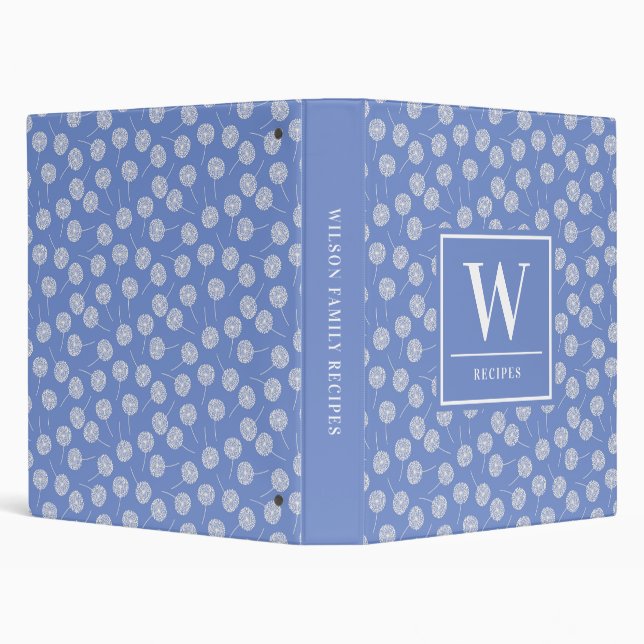 Custom Blue Dandelion Monogrammed Recipe 3 Ring Binder (Background)