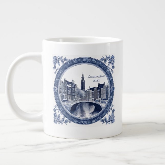Custom Blue Delft Amsterdam Souvenir Giant Coffee Mug (Left)