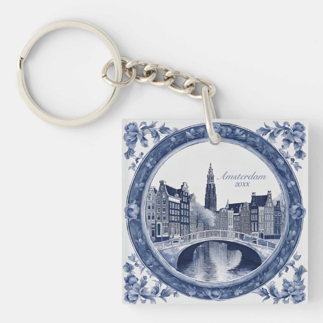 Custom Blue Delft Amsterdam Souvenir Keychain (Front)