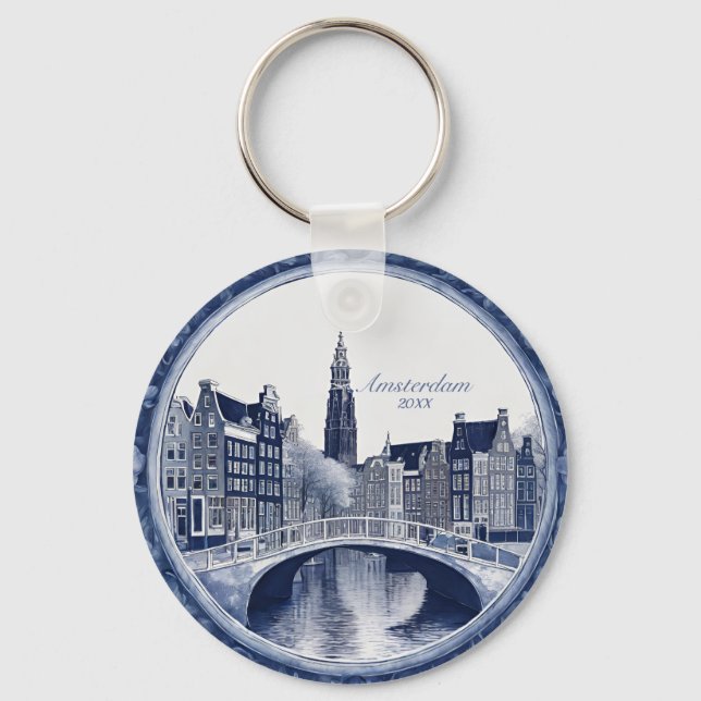 Custom Blue Delft Amsterdam Souvenir Keychain (Front)