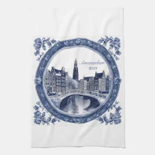 Custom Blue Delft Amsterdam Souvenir Kitchen Towel