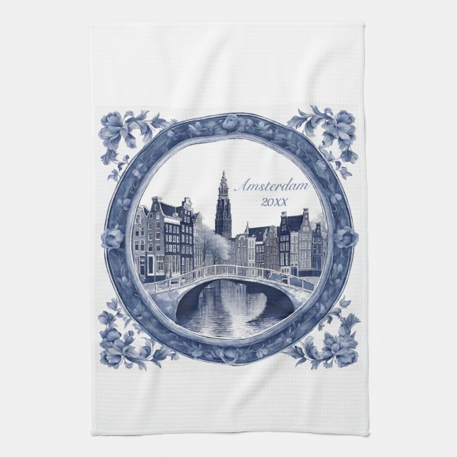 Custom Blue Delft Amsterdam Souvenir Kitchen Towel (Vertical)