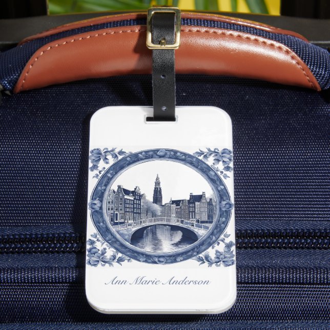 Custom Blue Delft Amsterdam Souvenir Luggage Tag (Front Insitu 2)