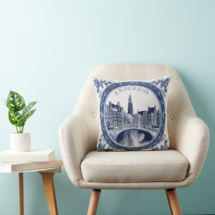 Custom Blue Delft Amsterdam Souvenir Throw Pillow
