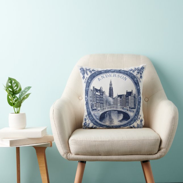 Custom Blue Delft Amsterdam Souvenir Throw Pillow (Chair)