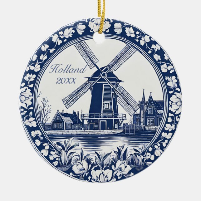 Custom Blue Delft Holland Souvenir Ceramic Ornament (Front)