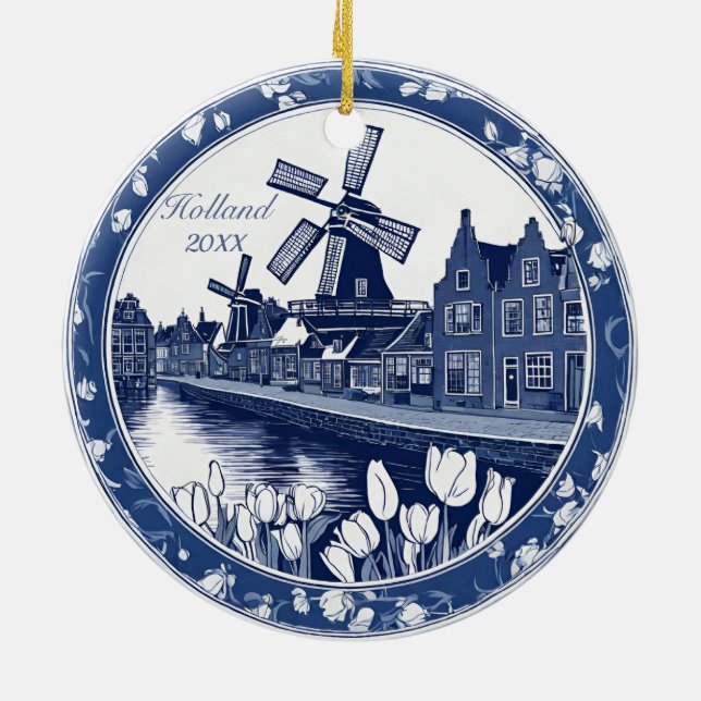 Custom Blue Delft Holland Souvenir Ceramic Ornament (Back)