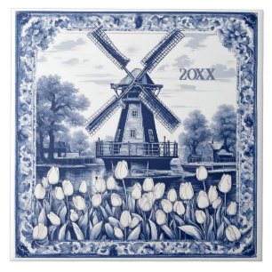 Custom Blue Delft Holland Windmill  Ceramic Tile