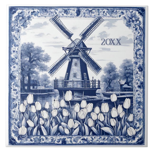 Custom Blue Delft Holland Windmill  Ceramic Tile (Front)