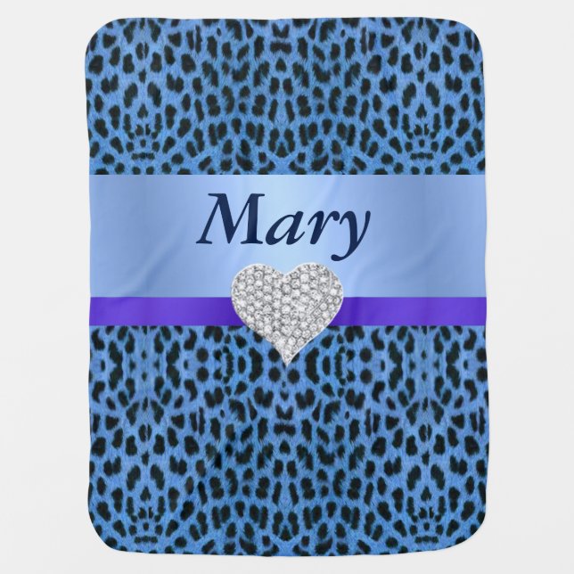 Custom Blue Diamond Heart Leopard Baby Blanket (Front)