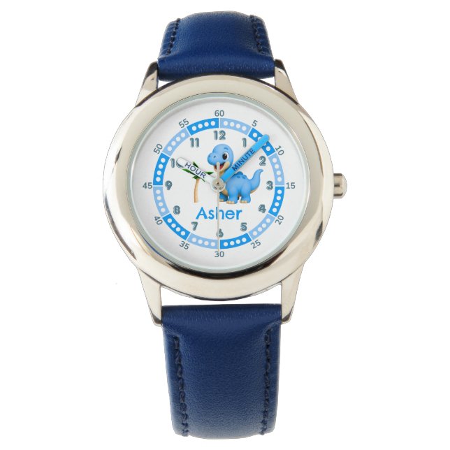 Custom Blue Dinosaur Learn to Tell Time Kids Watch (Front)