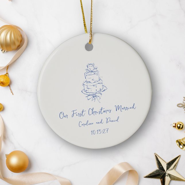 Custom Blue Doodle Cake First Christmas Married Ceramic Ornament (Creator Uploaded)
