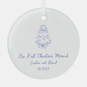 Custom Blue Doodle Cake First Christmas Married Glass Ornament
