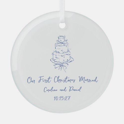 Custom Blue Doodle Cake First Christmas Married Glass Ornament