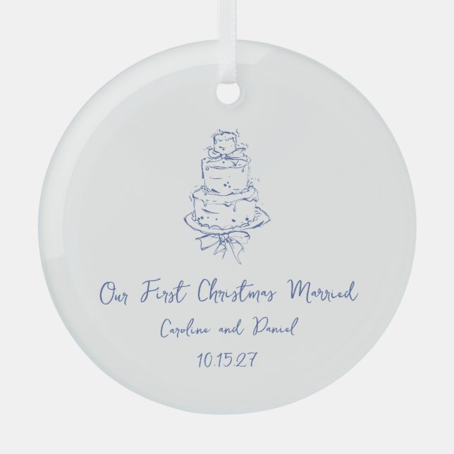 Custom Blue Doodle Cake First Christmas Married Glass Ornament (Front)