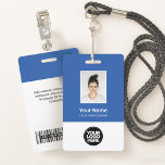 Custom Blue Employee Photo, Bar Code, Logo, Name Badge<br><div class="desc">Easily personalize this Custom Employee Name Badge with Photo, Scan Bar Code and business logo. A simple business design in vibrant blue and white colors fully customizable in front and back sizes, sans-serif basic and modern fonts and a professional and clear look. Avaiable with lanyard, metal clip or with retractable....</div>